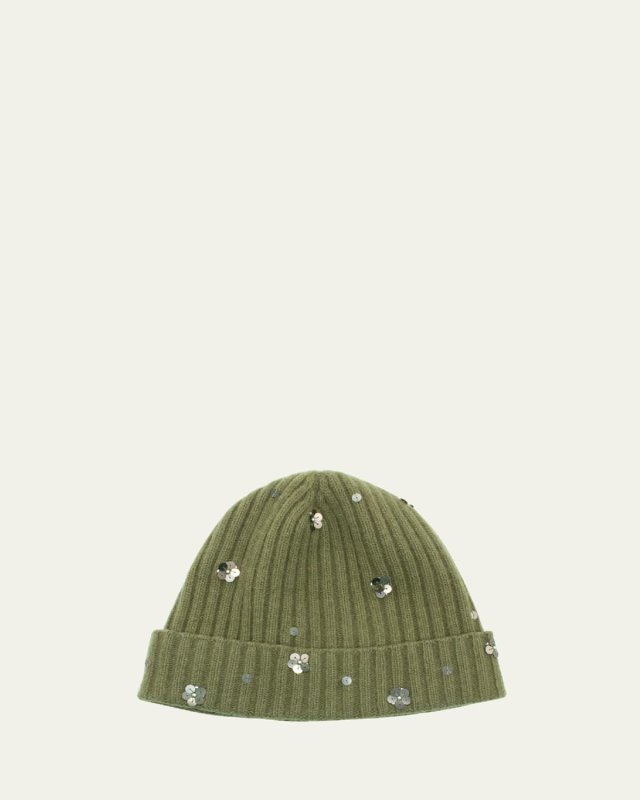 Sequin Floral Ribbed Cashmere Beanie
